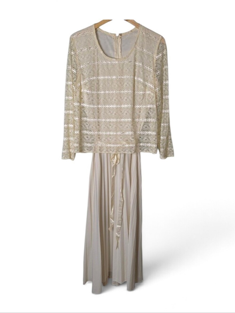 Vintage Custom Ivory Cream Boxy Lace Top Pleated Skirt Layered Maxi Dress M L